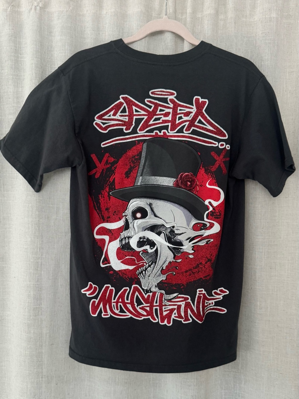 Chemistry Black Muerte Graffiti Tee with Skull & Red Hat Accent, Streetwear, S/M